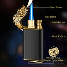 Novelty Dual Flame Black Gold Dragon Lighter Jet Windproof Metal Slim USA Seller