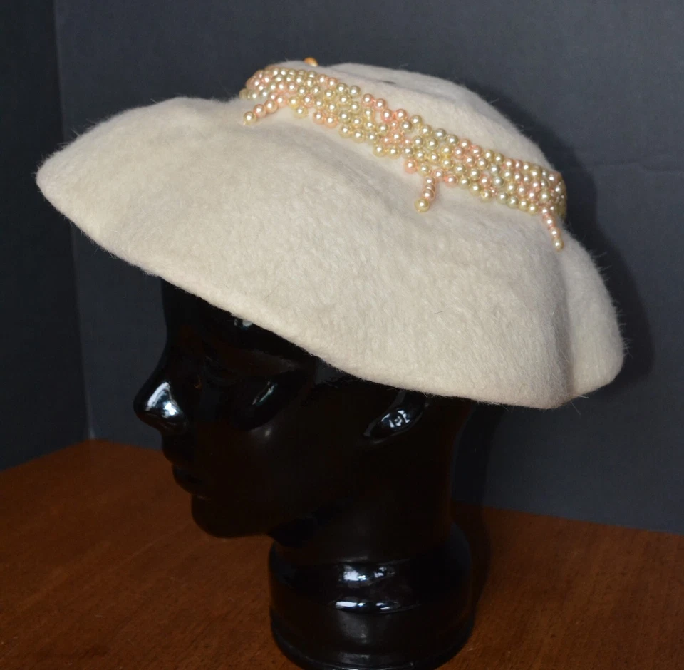 Винтажная женская шерстяная волнистая широкополая шляпа CHANTE от Schachter цвета слоновой кости с бисером - Изображение 3 из 4