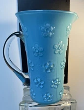 Vintage  Blue Opalescent Daisy -Clear Ribbed Handled Pitcher  10" unmarked
