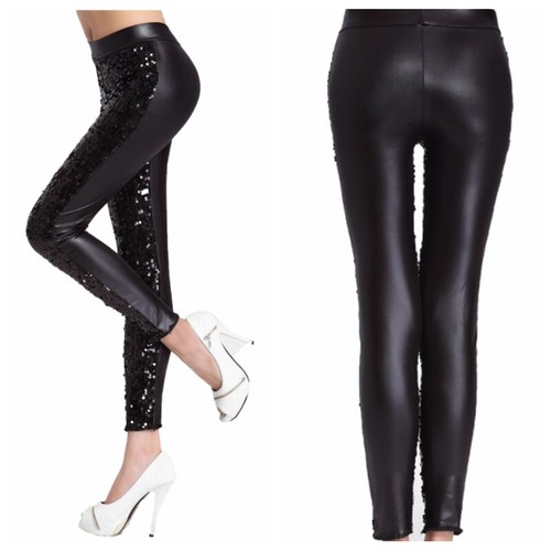 Donna Lustrini Pelle Legging Pantaloni Brillantini Skinny Vita Alta Stretch  | eBay