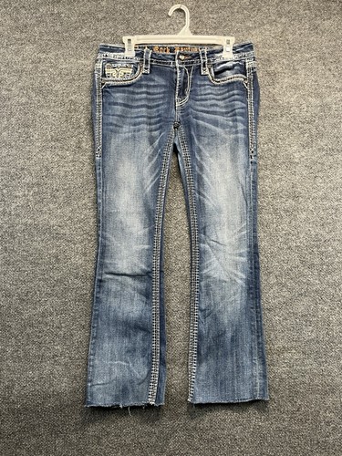 Pantalones de mezclilla Rock Revival para mujer 30 Bootcut 28" entrepierna dobladillo crudo bigotes