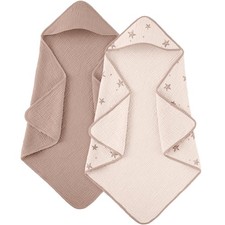 2 Pack Hooded Baby Towels 100 Percent Muslin Cotton 30x30 Inch Pink Set