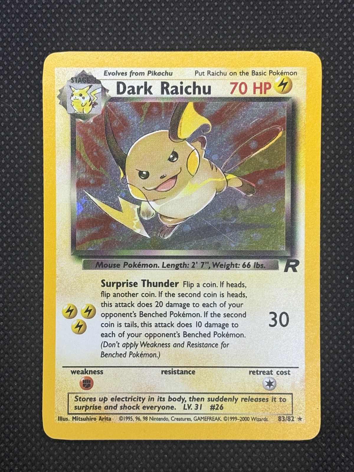 2000 Pokémon TCG Card Dark Raichu 83/82 Unlimited Team Rocket Holo Secret Rare