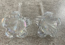 Hand-Blown Iridescent Clear Art Glass Lily Flower With Hollow Stems, Set of 2