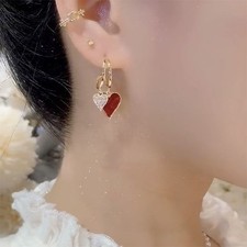 Women Love Heart Earrings Temperament Red Earrings Eardrop Crystal Rhinestone