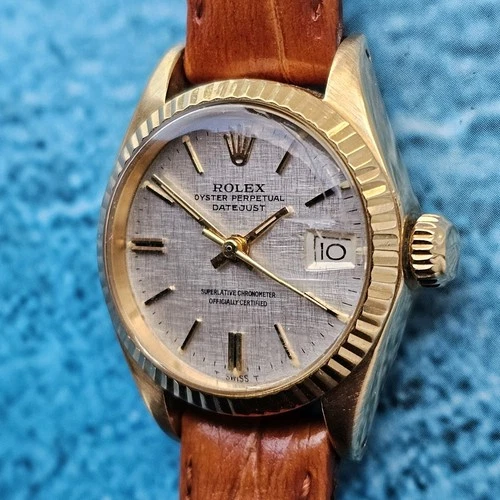 Rolex Lady Datejust 6917 18k Gold Linen Dial 26mm Automatic Vintage 1970s