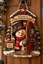 Personalized Christmas Snowman Wooden Sign with Rope Welcome