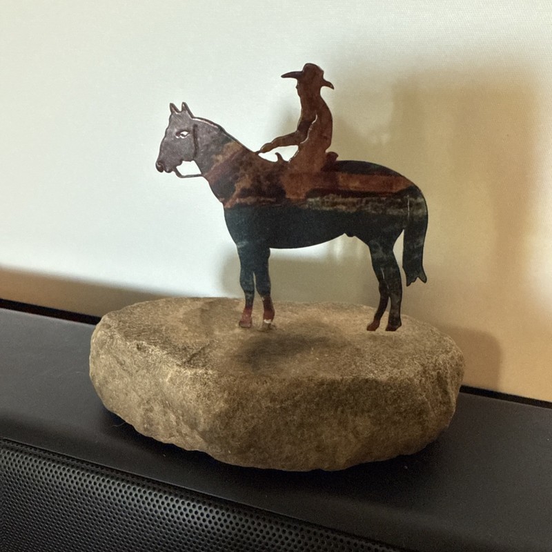 Lazart Cowboy on Horse Figure Laser Cut Out On Rock Southwest Art Sculpture 4”.
