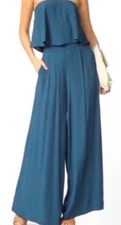 Free People Gia Teal Crepe Flounce Bandeau Top Wide Leg Pants Set Size S Fit Med