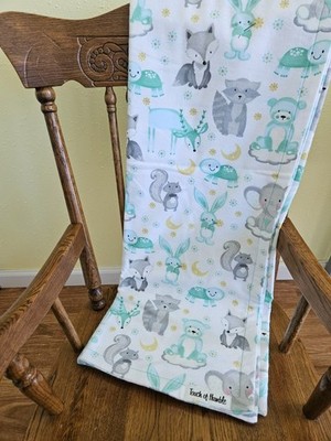 Receiving Baby Blanket. Soft Flannel, Woodland Animals, Moon, Green 42''x32''