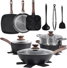 Sweetcrispy 17 Pcs Nonstick Pots and Pans, Non-toxic Kitchen Cooking Set with St