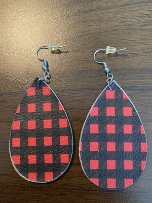 Teardrop Dangle Earrings Red Black Plaid Faux Leather Glitter Bohemian Jewelry