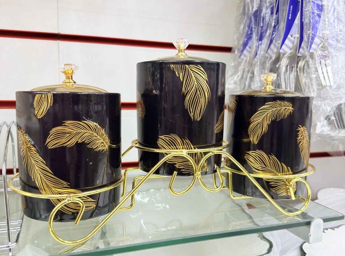 Tea Coffee Sugar Jar With Stand Black Ceramic Storage Set Air Tight Canisters