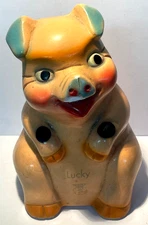 Vintage Lucky Pig Chalkware Figure Money Bag Logo Large Pig Statue