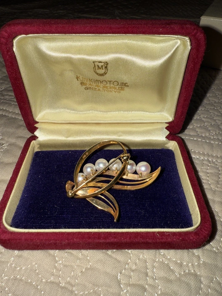 Broche vintage Mikimoto oro 14K perlas Akoya diseño hoja 9,2 g sello Foto 3 de 4
