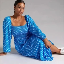 ANTHROPOLOGIE x DOLAN Laney Smocked Polka Dot Maxi Dress Pool Blue Sz S {3K50}
