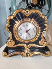 Vintage Mantel, Shelf Clock, Black Ceramic With Gold Paint Trim, Works,...