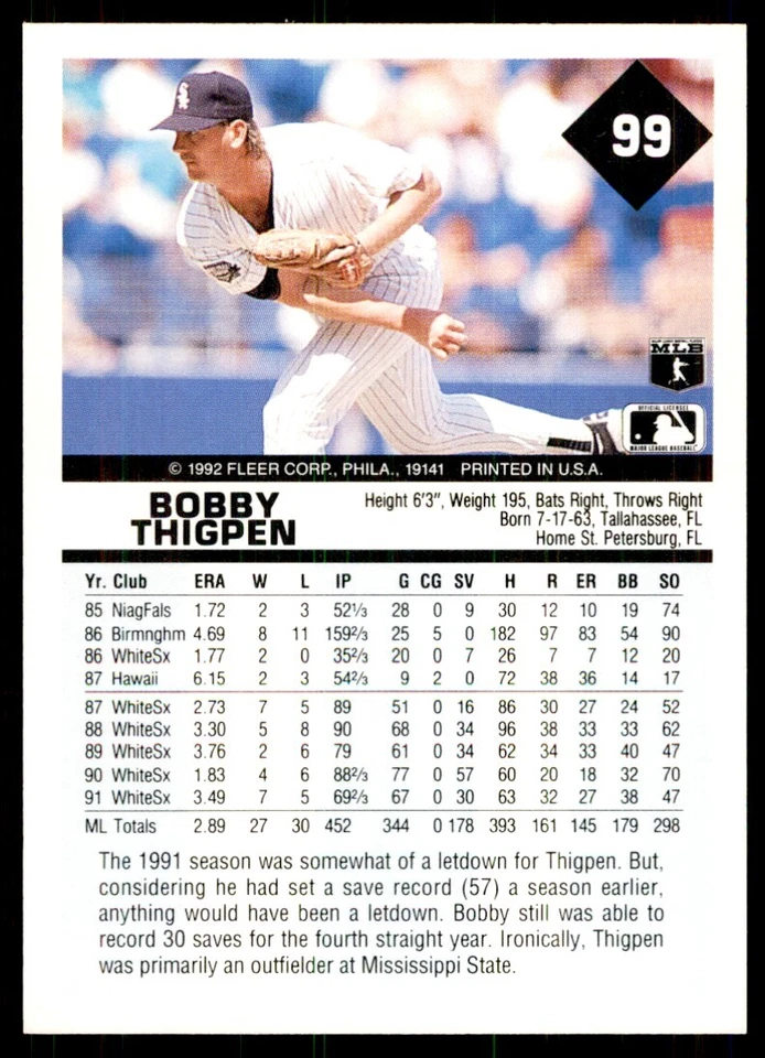 1992 Fleer Bobby Thigpen Baseball Cards #99 - Image 2 of 2