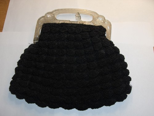 Bolso de Noche de Colección Años 50 Negro Hinchado Tela Bolso con Embrague Mango Acrílico Pavo Real - Imagen 5 de 8