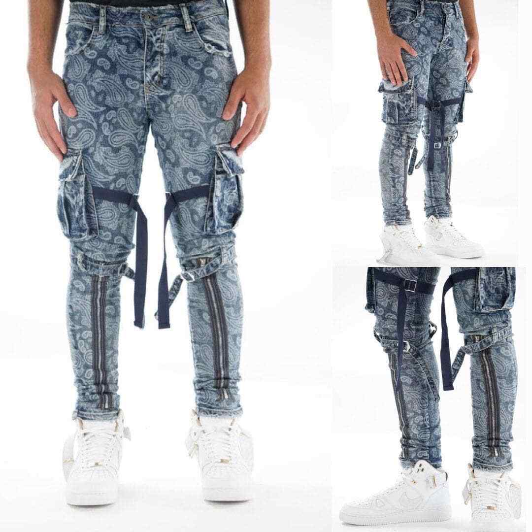 Valabasas Jeans Paisley Blue Denim Cargo Straps Pants Valabasas Jeans Paisley Blue Denim Cargo Straps Pants