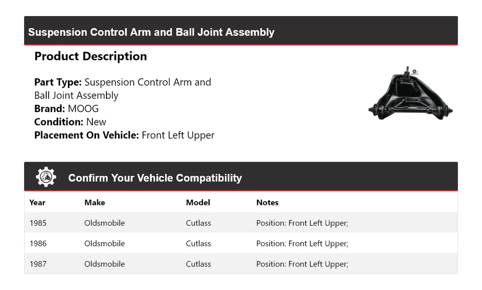 Brazo de control delantero izquierdo superior MOOG 1985-1987 Oldsmobile Cutlass 1985-1987 Foto 2 de 4