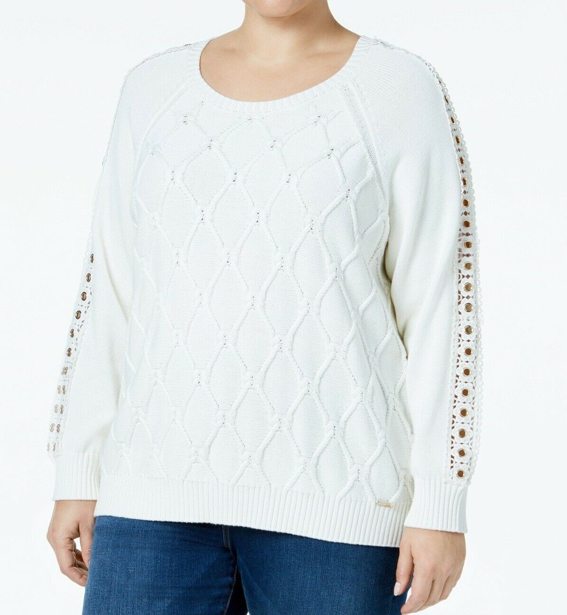 Tommy Hilfiger Plus Size Cable-Knit Grommet-T Ivory Combo 3X Pullover  Sweater