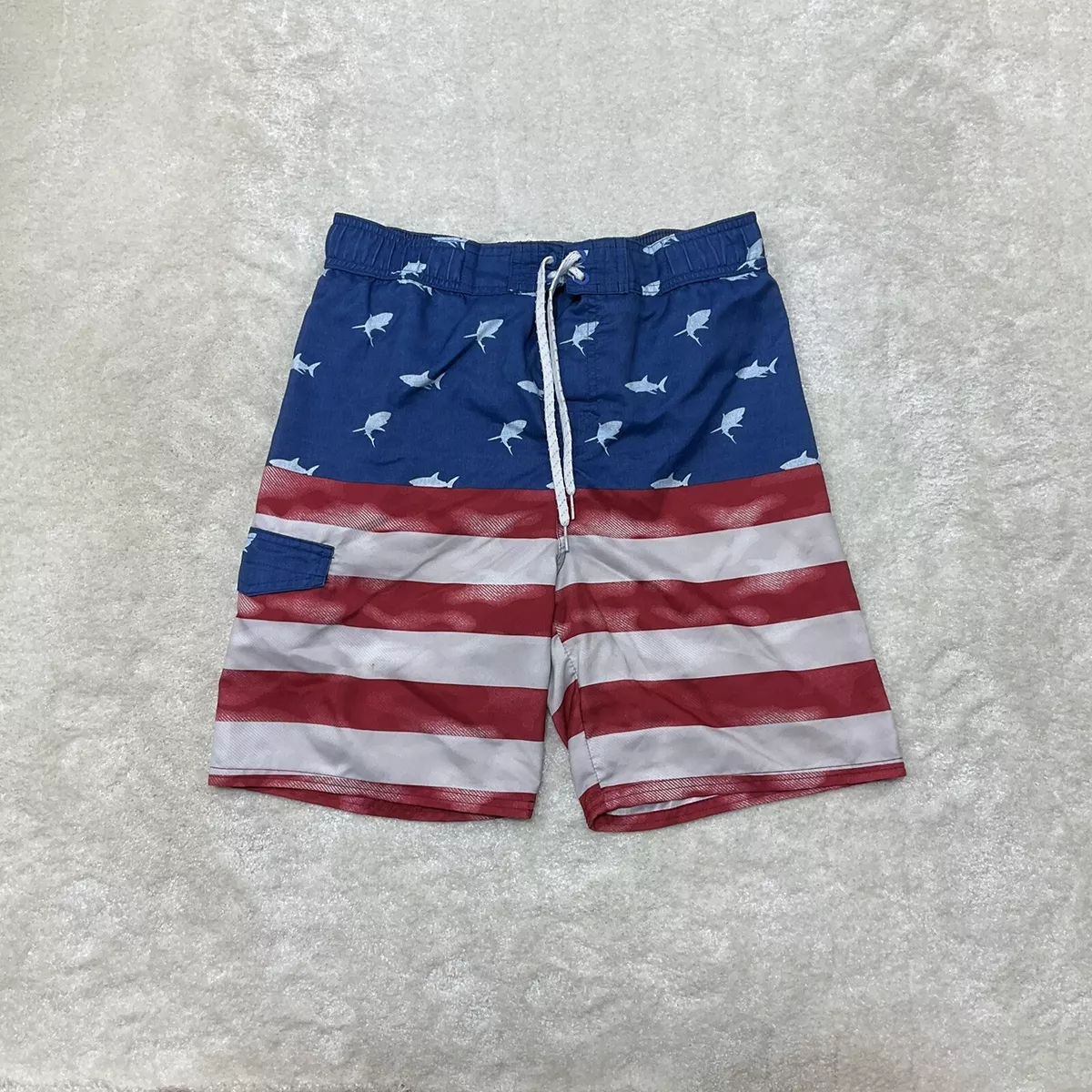 True Craft Boys Size L Shark American Flag Print Swim Trunks