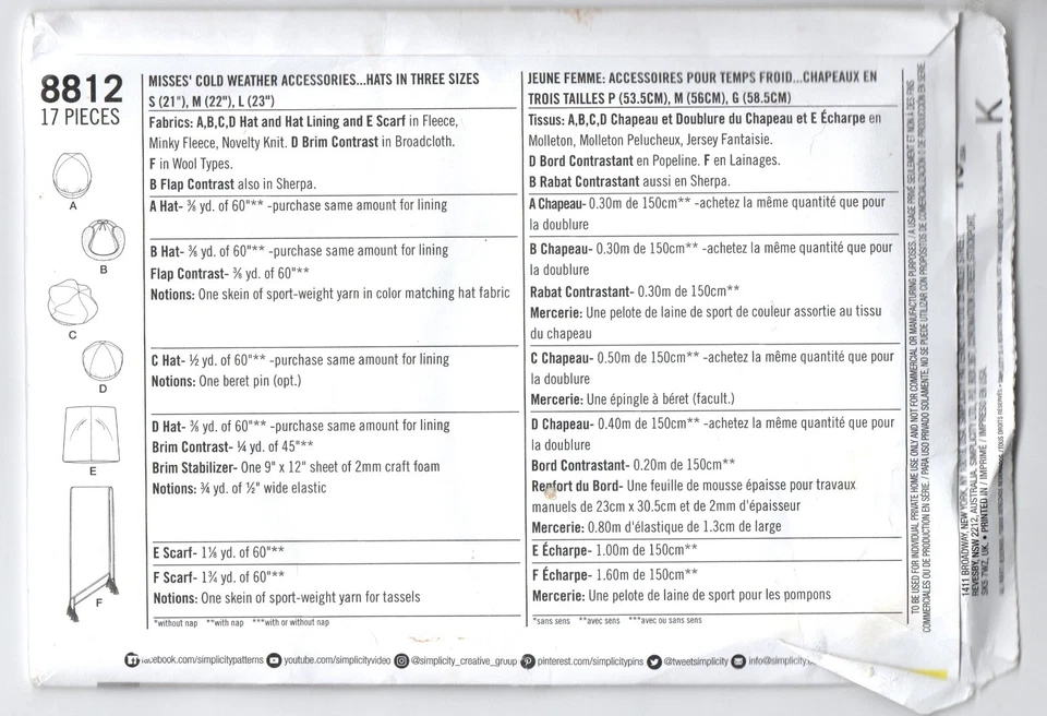 NEW VTG SIMPLICITY SEWING PATTERN 8812A COLD WEATHER ACCESSORIES 3 HATS SCARF - Image 2 of 2