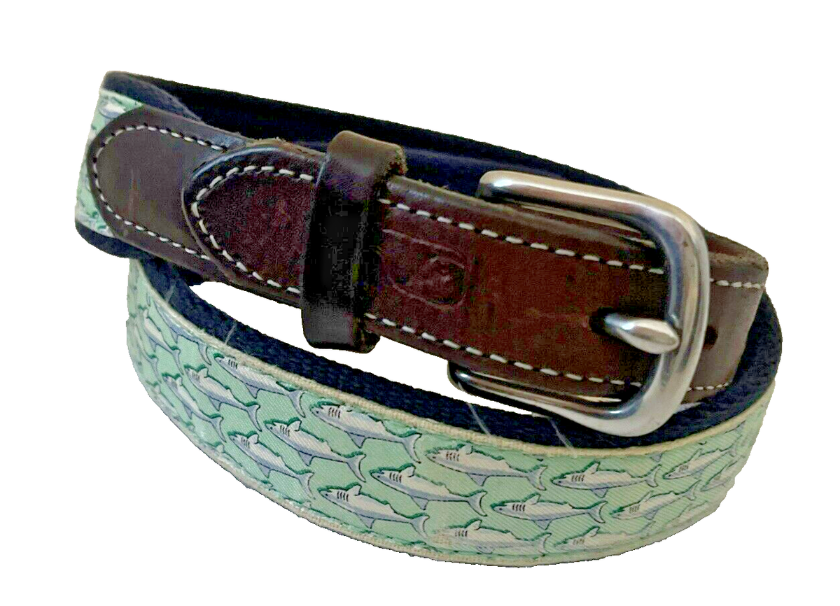 Vineyard Vines Mens Belt Fish Brass Buckle Blue Green  display picture 3