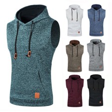 Men Sports Hoodie Vest Casual Muscle Sleeveless Tank Top Gym Workout T-Shirt Tee