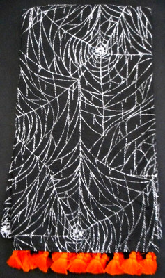 Halloween Kitchen Towel White Spiderwebs on Black Orange Tassels Terrycloth NWOT
