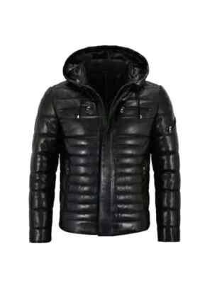 Men's Hooded Leather Jacket 100% Real Lambskin Black Puffer Quilted Jacket Coat