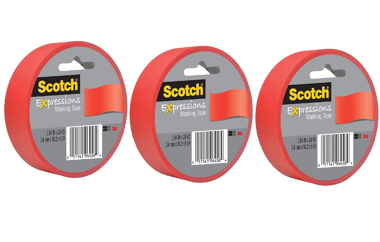 Cinta adhesiva Scotch Expressions, 0,94" x 20 yardas, rojo primario 3 rollos