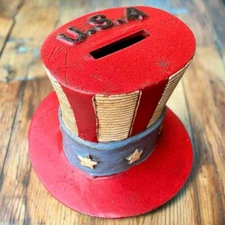 USA Patriotic Hat Coin Bank Cast Aluminum 4" Vintage Style Red White Blue