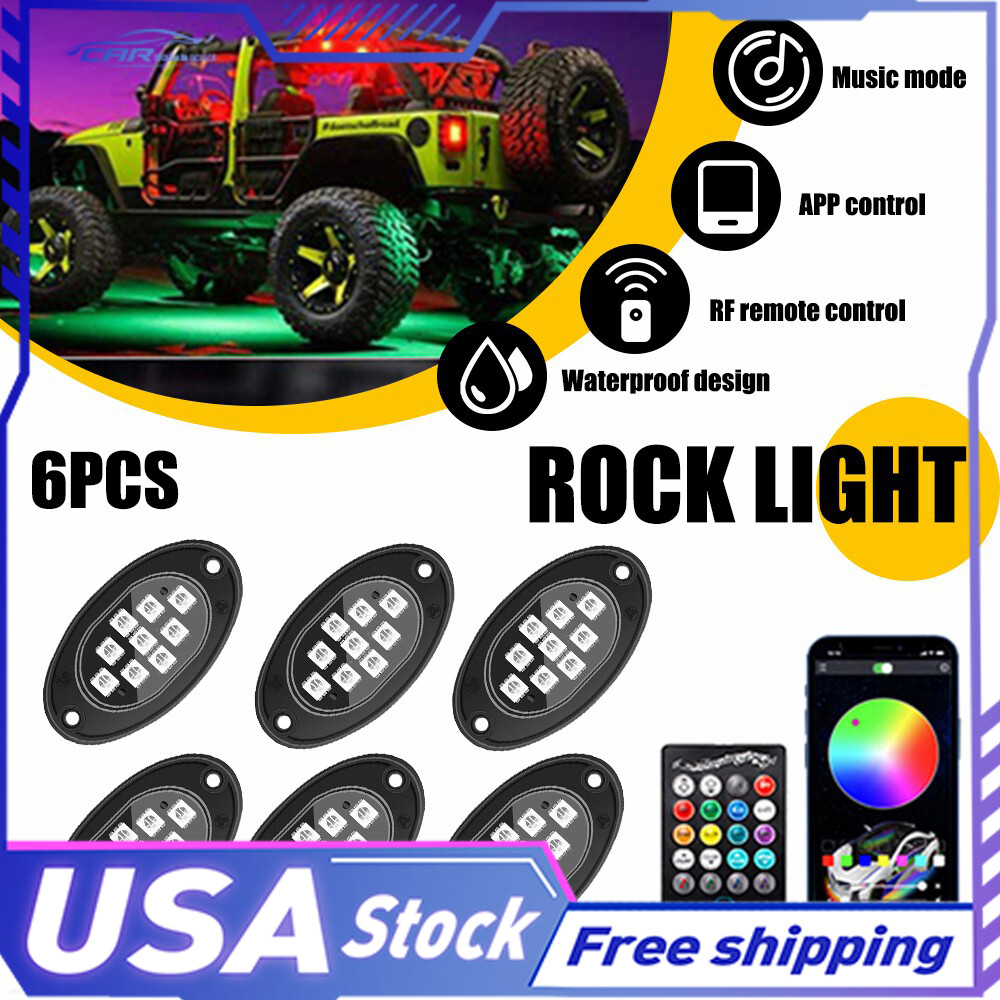 New 6X RGB Rock LED Lights Truck Kit Offroad Underbody Neon Music APP Waterproof