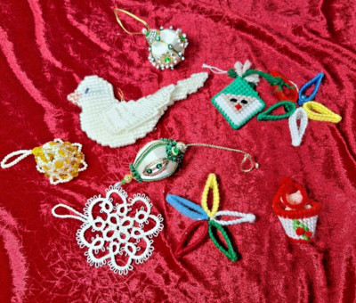 9 Vintage Handmade Christmas Ornaments Plastic Canvas Yarn Art Beading