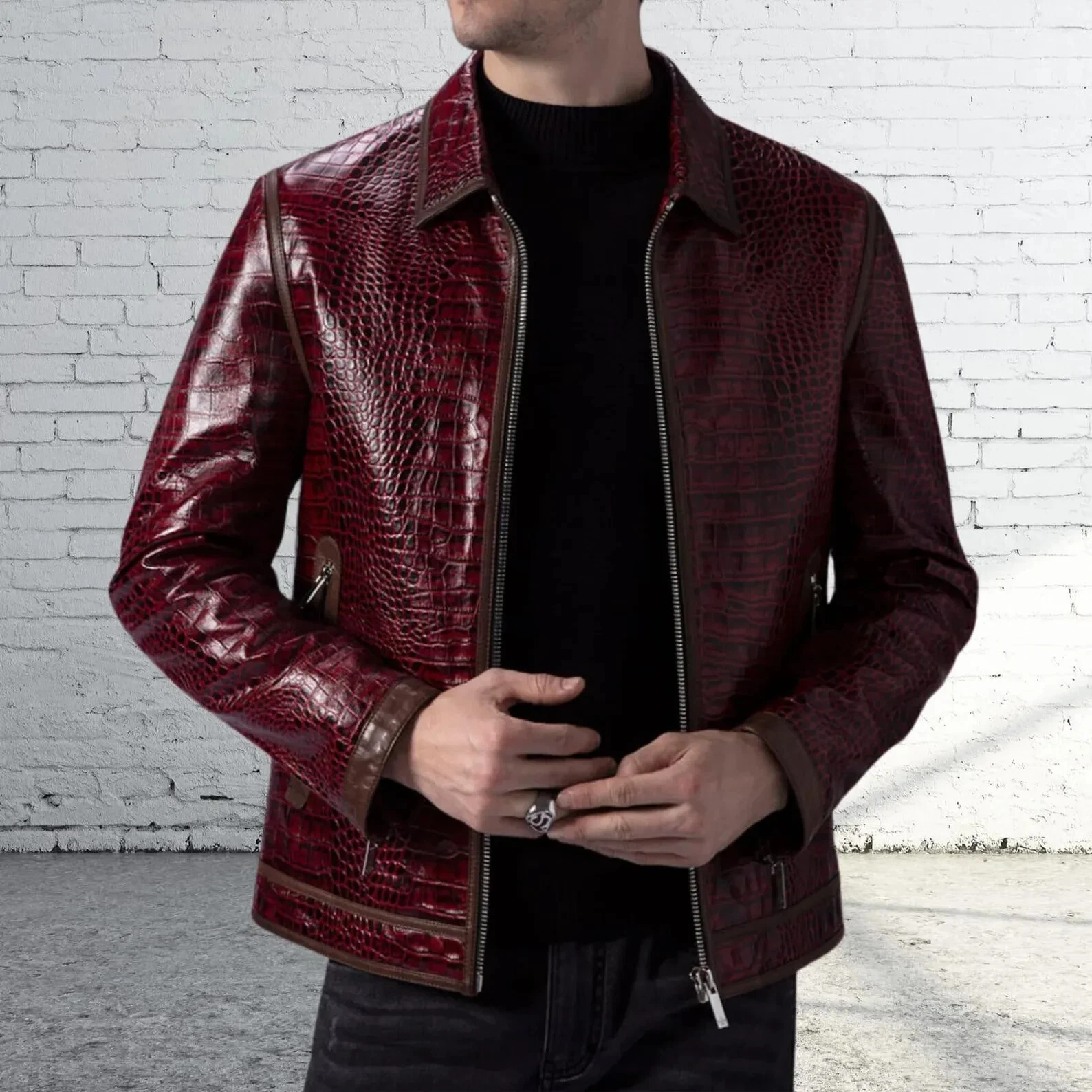 Men’s Crocodile Pattern Embossed Leather Biker Jacket Burgundy Real Luxury coat