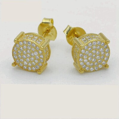 Men's Gold Sterling Silver zirconia 9mm Round*Earring