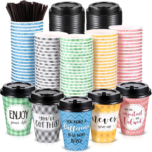 100 Pack Disposable Coffee Cups with Lids and Straws, Motivational Paper Hot Cup