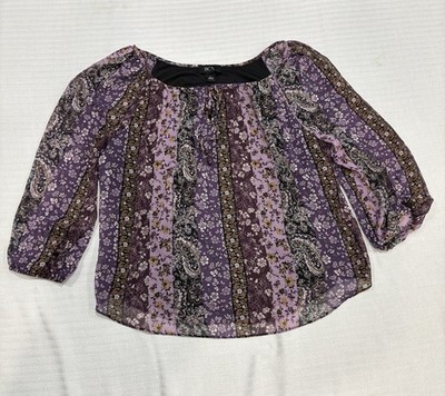 BCX Round Neck Purple Floral 3/4 Sleeve Blouse size Large