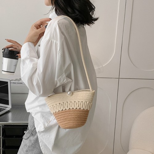 Cotton Weaving Shell Straw Woven Handbag for Shopping Phone Change Key - Picture 8 of 16