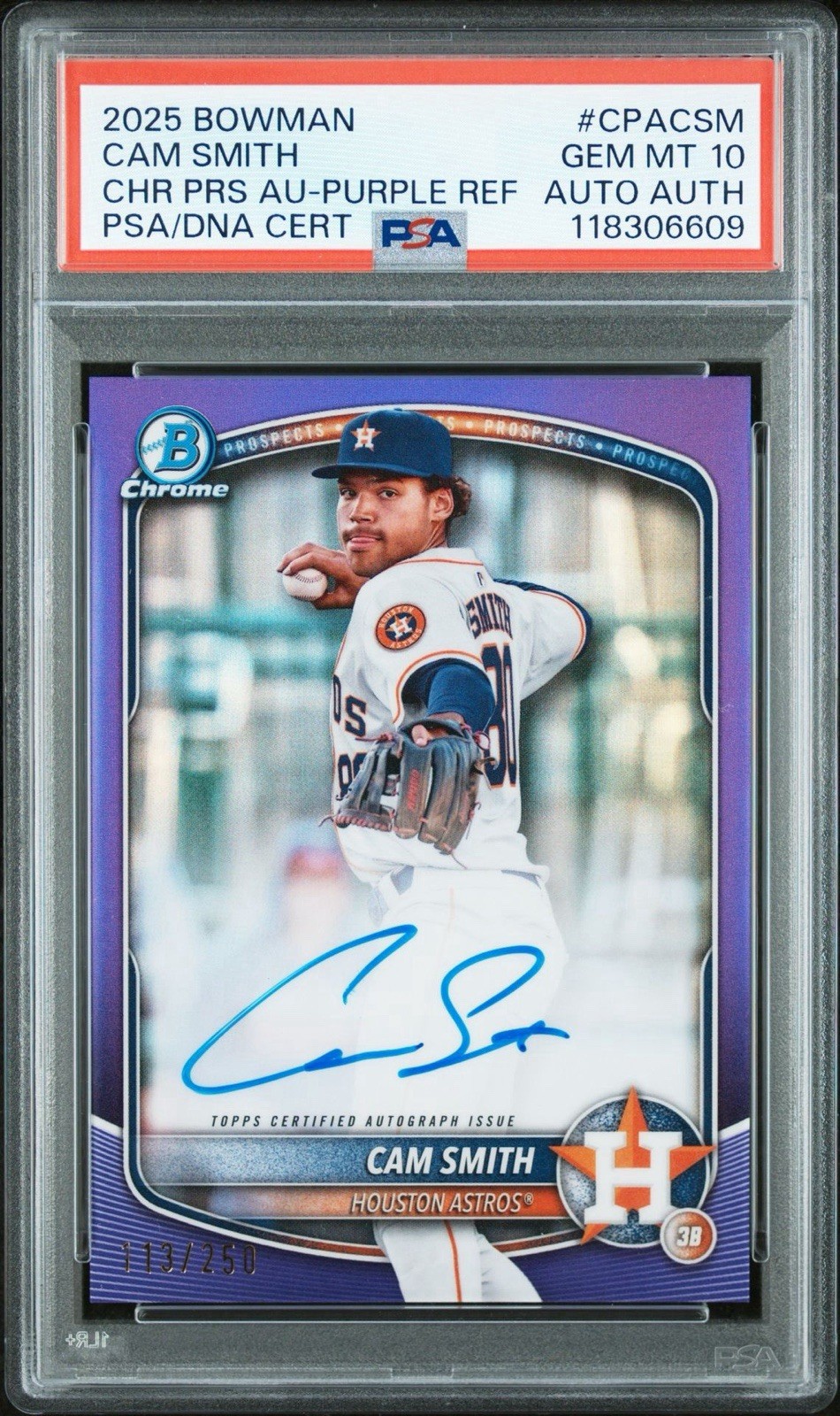 2025 Bowman Chrome Prospect Autographs Cam Smith #CPA-CSM Purple Refractor /250 