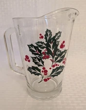 Vintage Crisa Glass Pitcher Holly & Berry 8 1/2" Molded