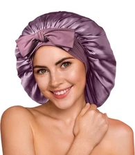YFONG 100% 22 Momme Mulberry Silk Bonnet for Sleeping Women, Larger Purple 