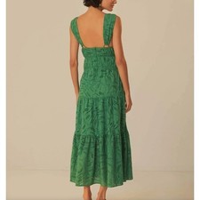 FARM RIO MONSTERA CORSET EYELET MIDI DRESS IN GREEN SIZE SMALL