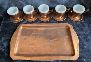 11pc West Bend Solid Copper Milk Glass Turkish Demitasse 1 oz Cup Saucer TraySet