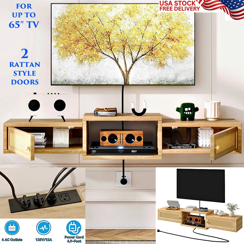 Wall Mounted Under Tv Storage Cabinet 2 Rattan Doors 4 Outlets