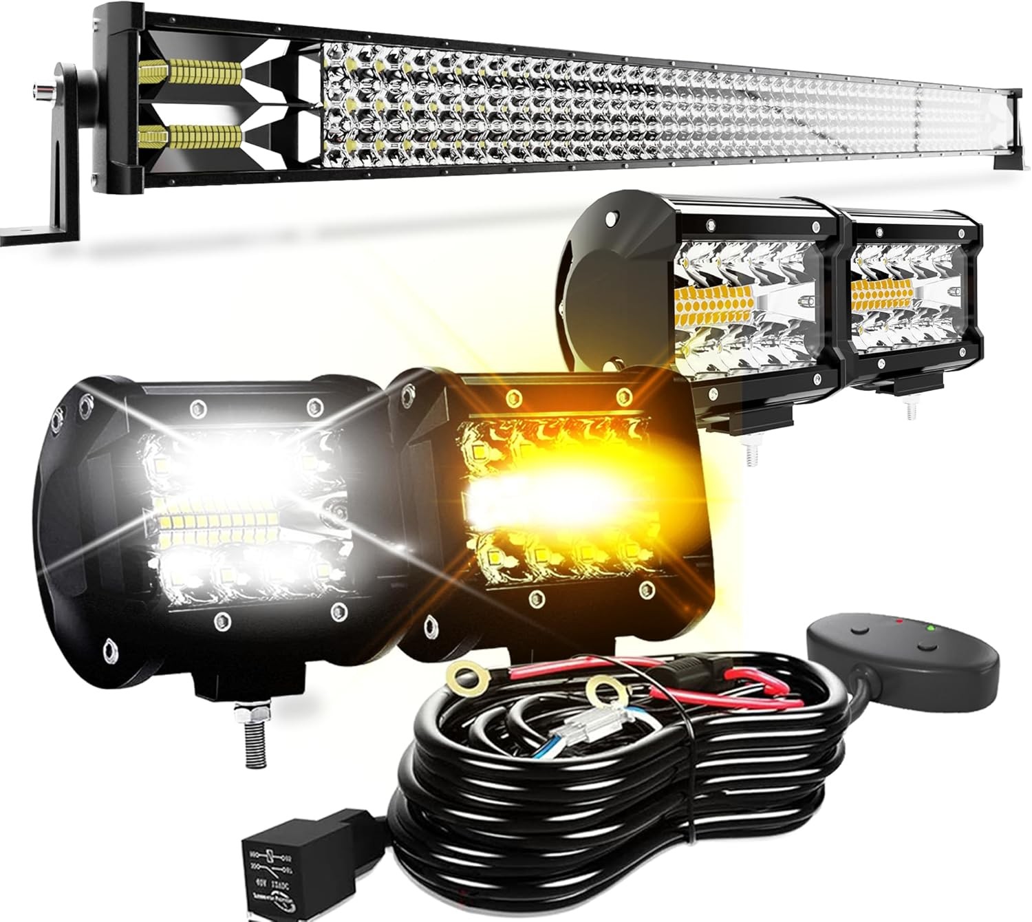 52" 300W Triple Row LED Light Bar & 4" Pods Kit with Wiring Harness