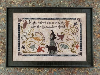 Night Walked Down Cross Stitch Pattern Primitive Black Cat Moon Sky Flowers