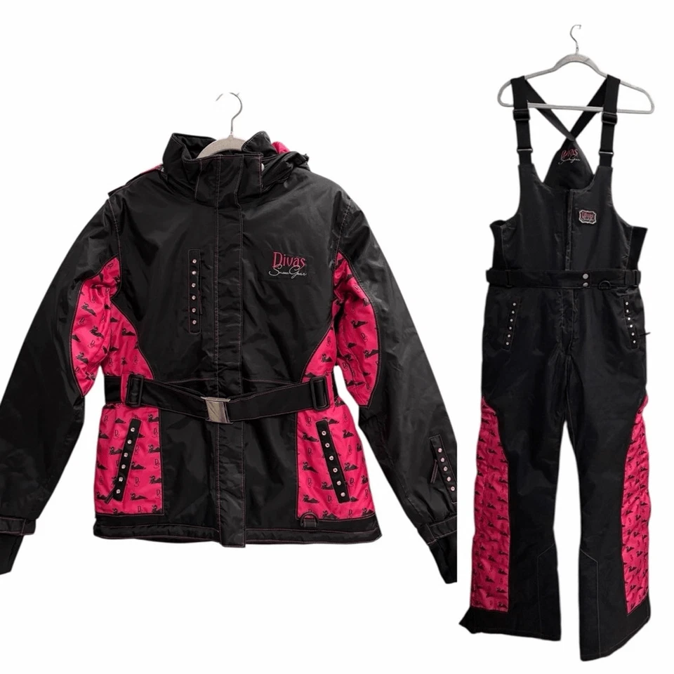DSG Divas Snow Gear Negro y Rosa Chaqueta y Pantalón de Nieve Conjunto Babero Negro Rosa Grande Foto 2 de 4